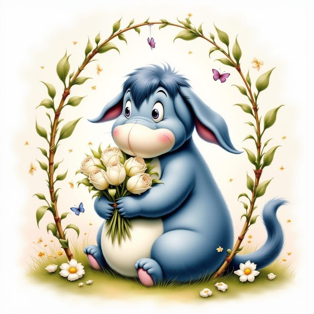 Whimsical Eeyore Holds White Roses in Watercolor