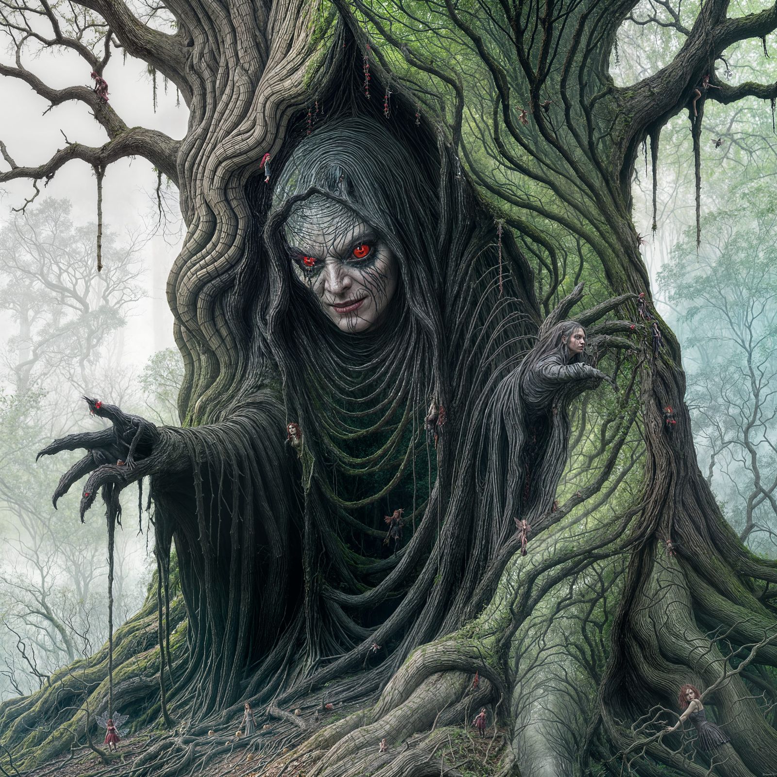 Eerie Fairy Emerges from Tar-Covered Tree