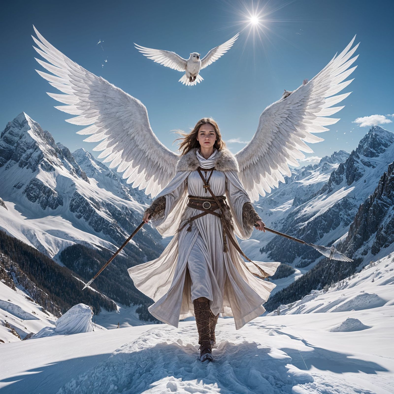 fotorealistis, a woman with  white druid attitute cloth, and wide wings^10, bring a spear with ice light, walking with a...