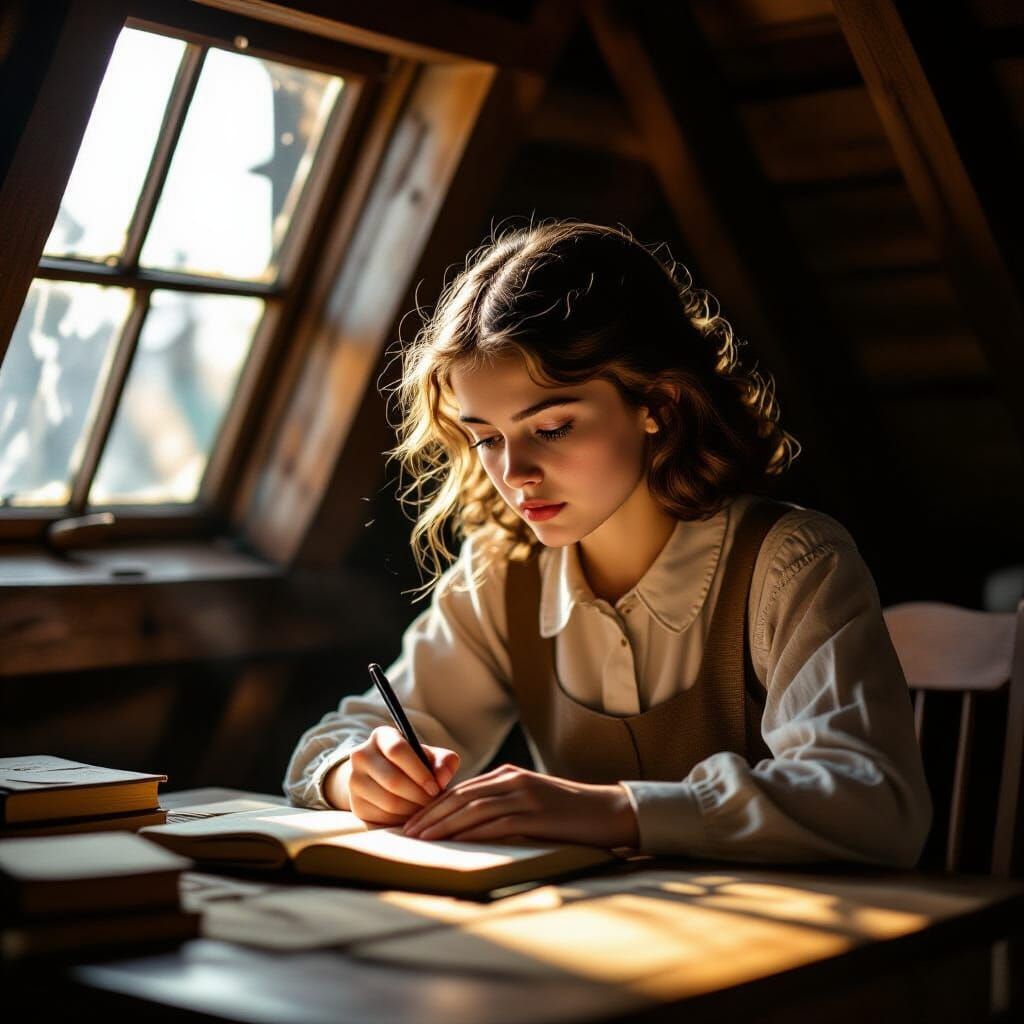 Anne Frank Writing in Attic Diary