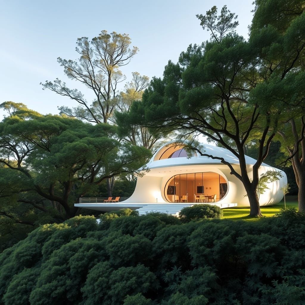 Futuristic House in a Dense Forest, Inspired by Syd Mead's G...