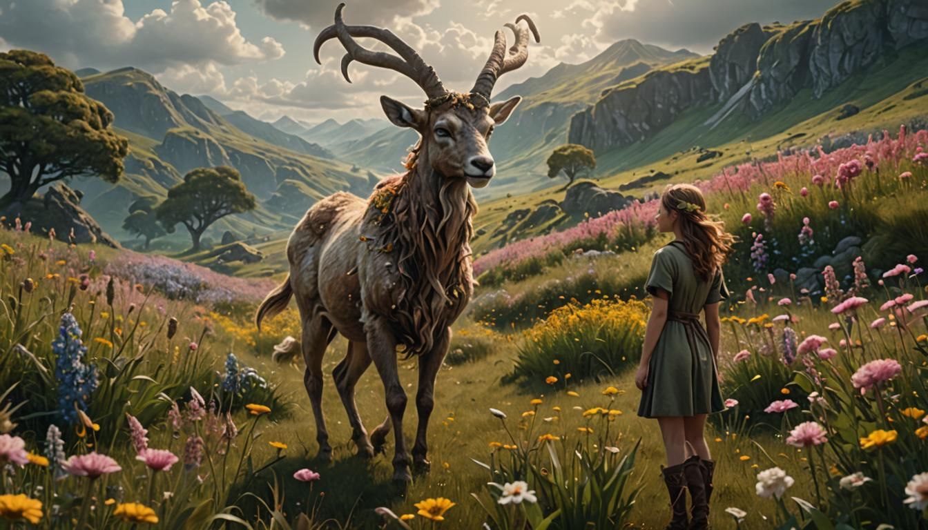 Faun and Girl in Flower Field: Digital Matte Painting