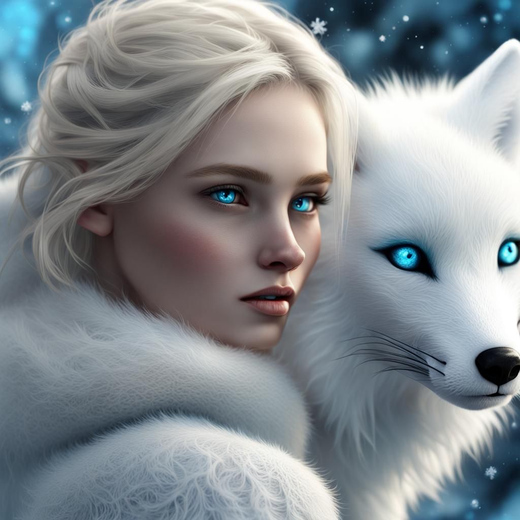 Arctic Fox and Ice Blonde Girl: Digital Painting