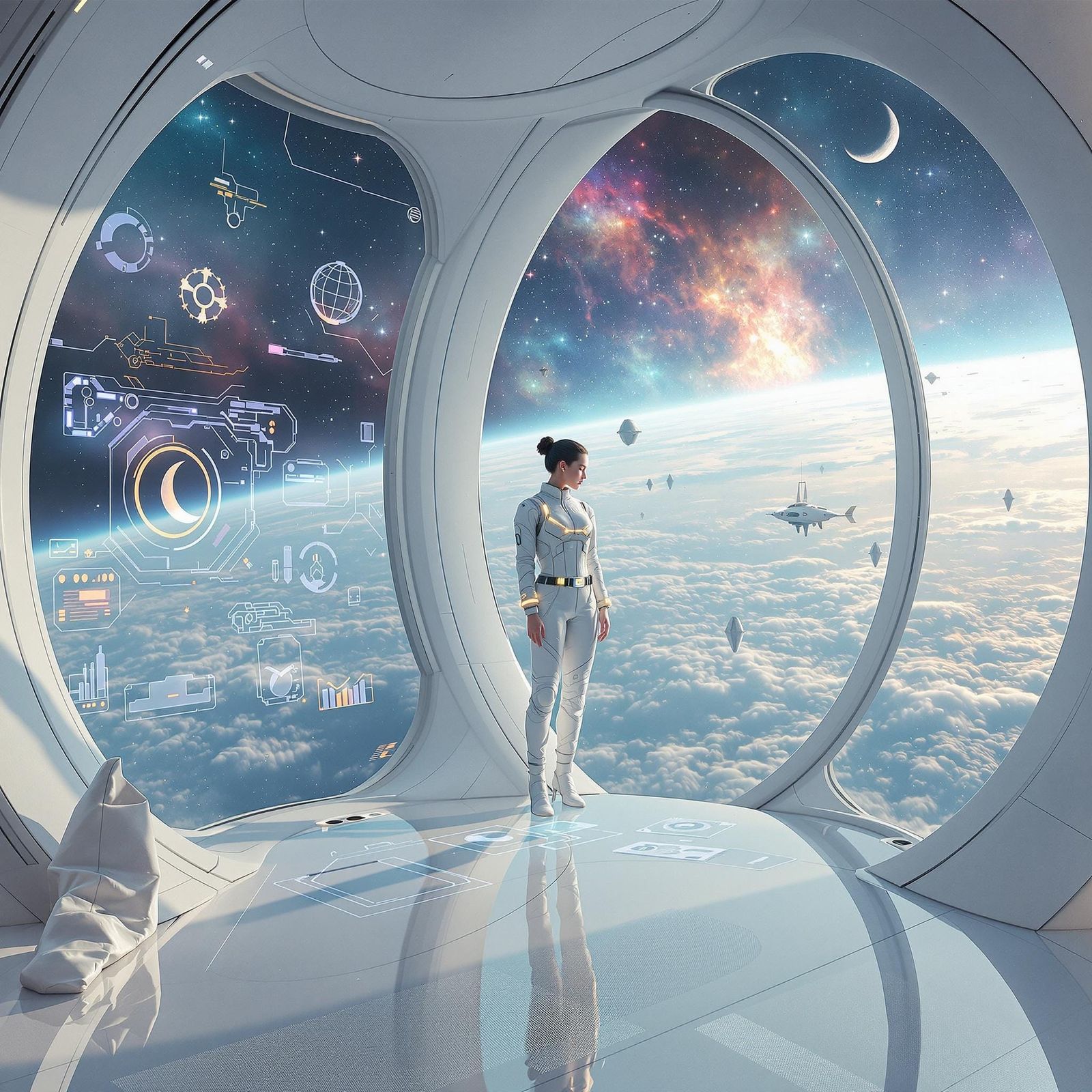 Futuristic Inventor in Zero-Gravity Lab Above Distant Planet