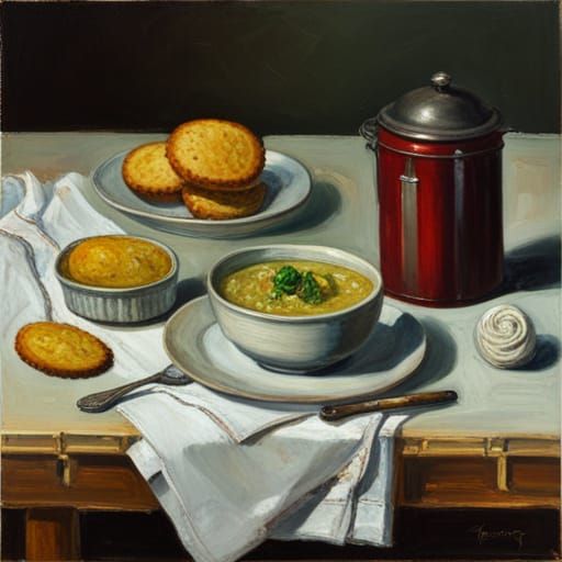 Bowl of Porridge with Crackers, Oil Painting