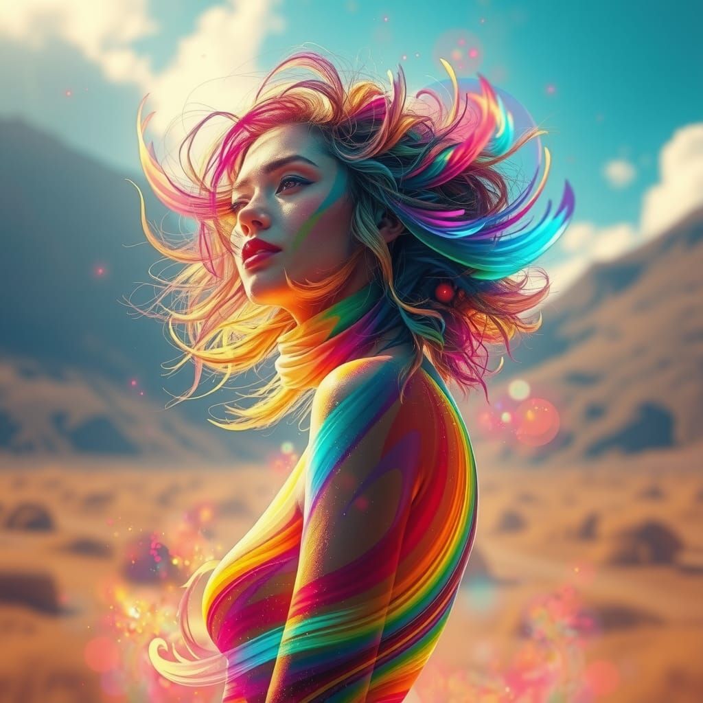 Rainbow Woman in Dreamy Glitchcore Landscape