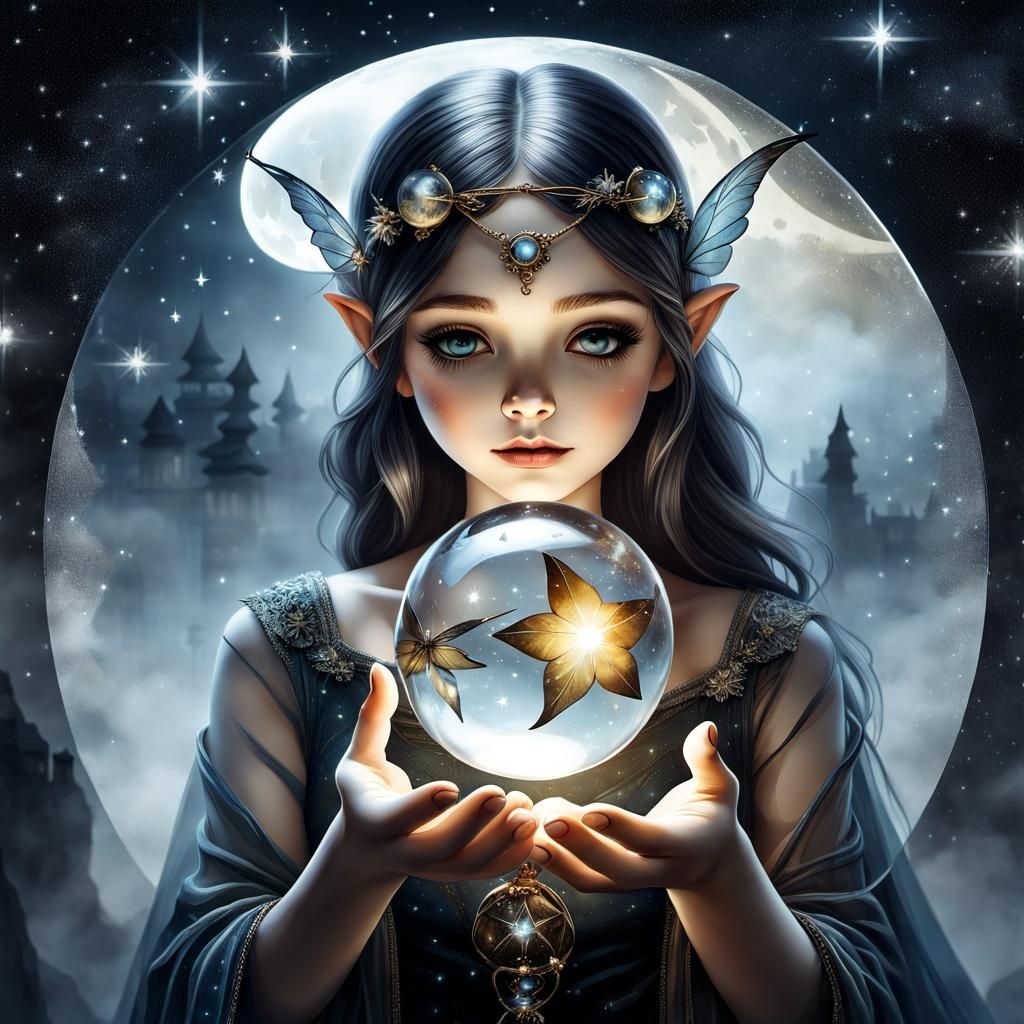 A septarian crystal fairy holds a magic glass orb in her han...