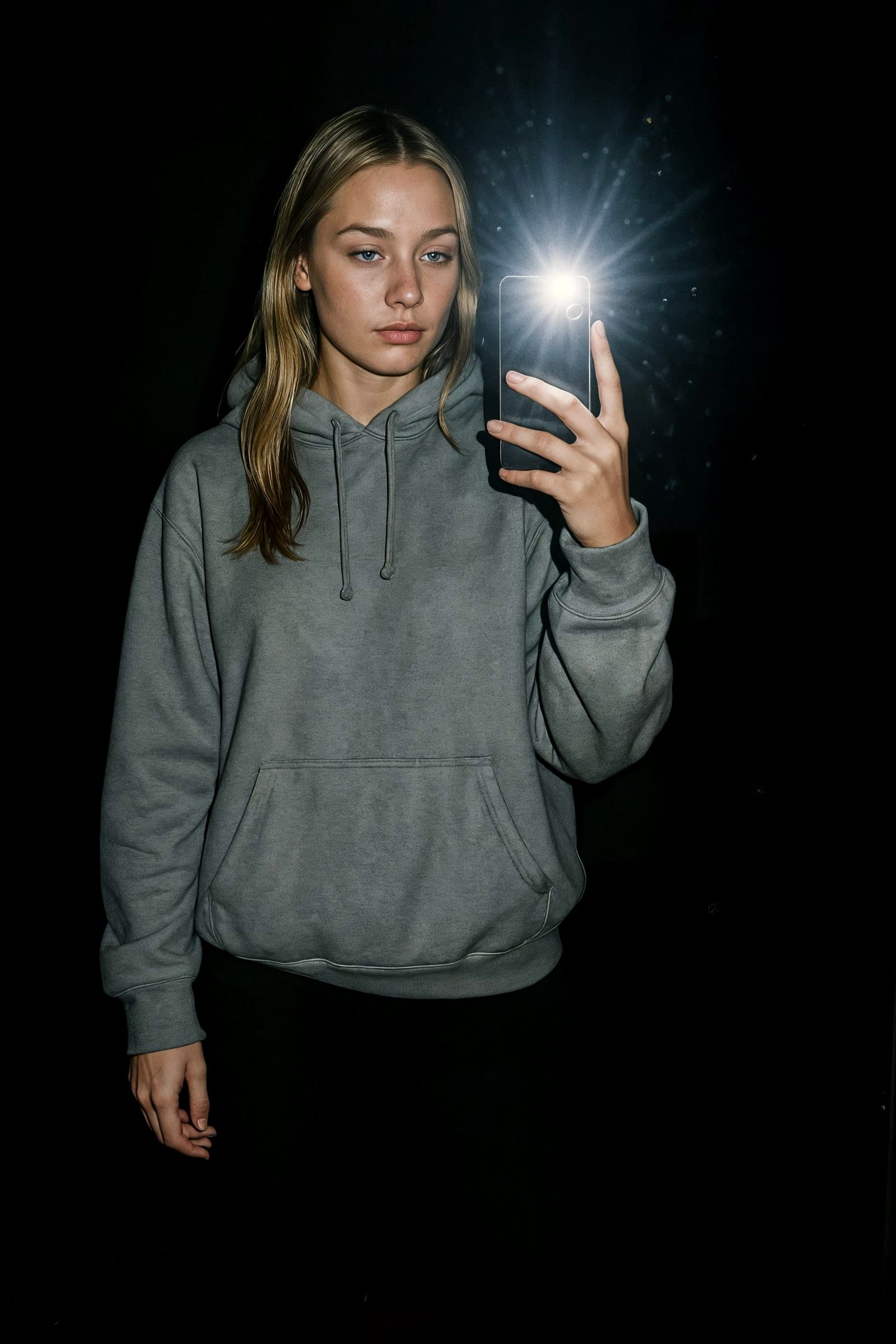 Mirror Selfie with Flash in a Dark Bedroom