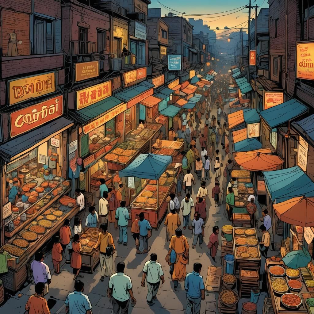 Indian Food Street at Evening in Comic Book Art