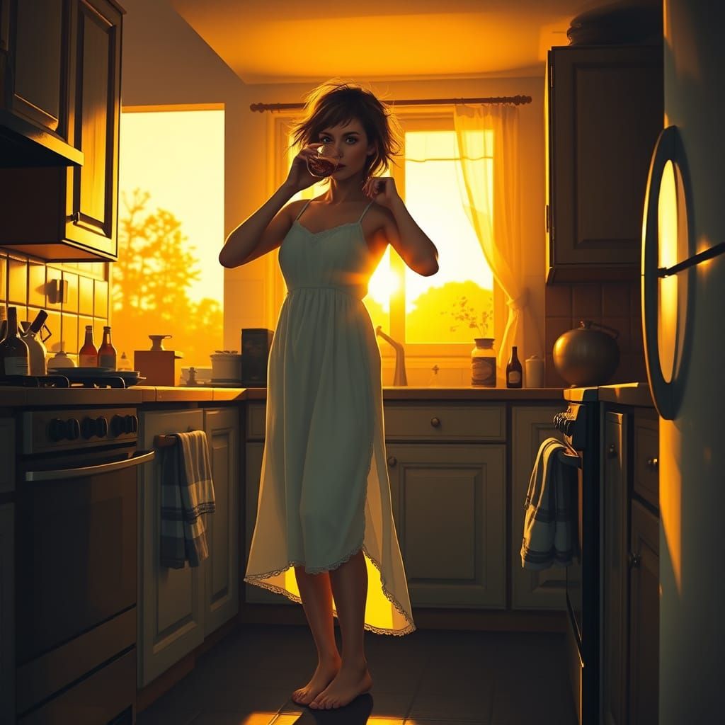 Woman Guzzling Whiskey in German Expressionism Style