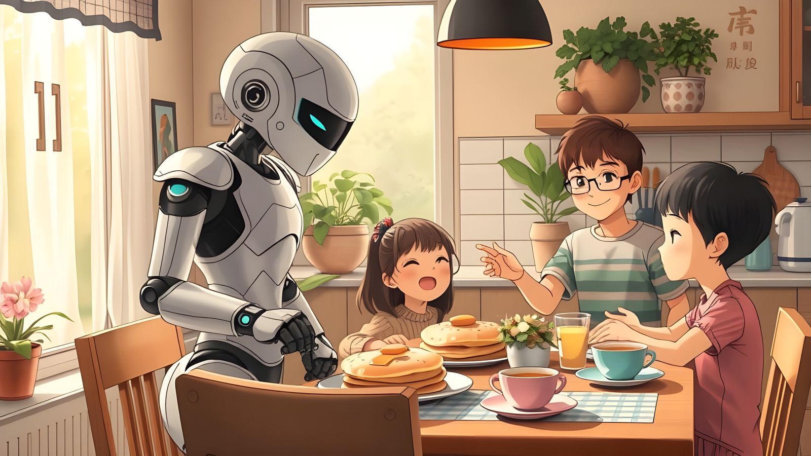 Robot Family Breakfast in Anime Style Kitchen