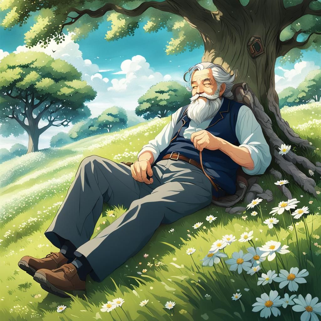 Peaceful Nap Under Oak Tree in Anime Style