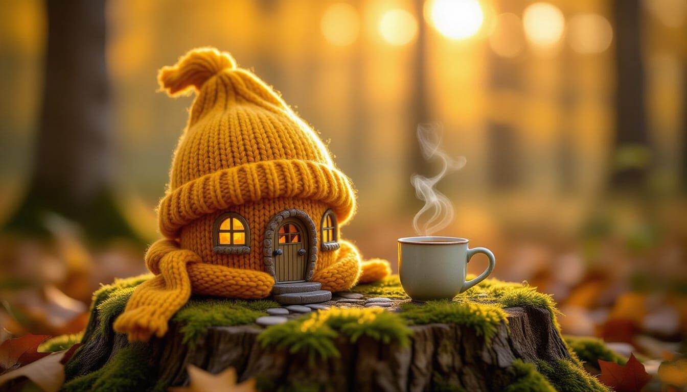 Enchanting Fairy House as Knitted Hat in Autumn Forest