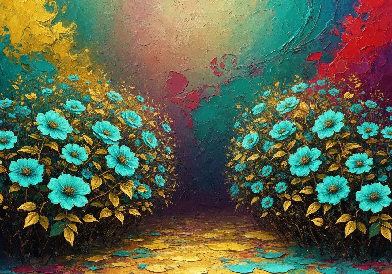 Teslapunk Flowers With Golden Leaves in Bold Strokes