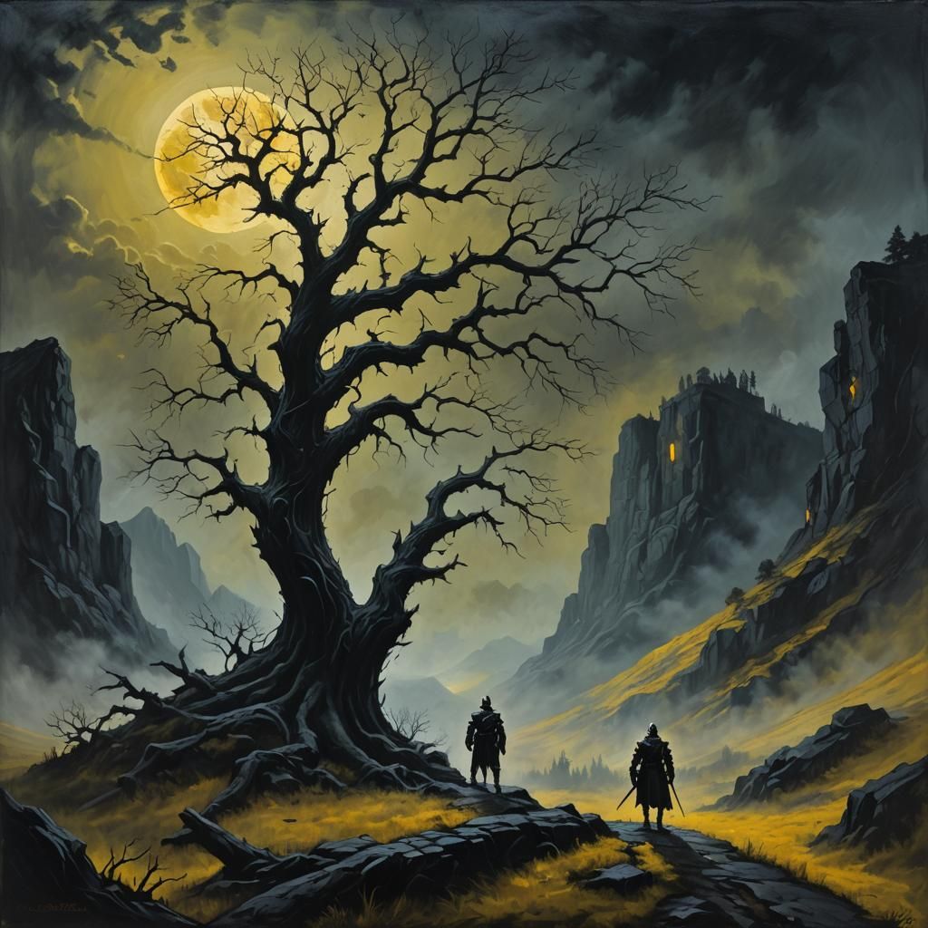 Knight in Dark Fantasy Valley Oil Painting