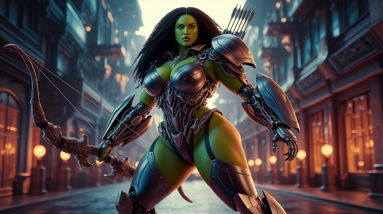 Cyberpunk Fantasy Warrior in a Bustling Cityscape