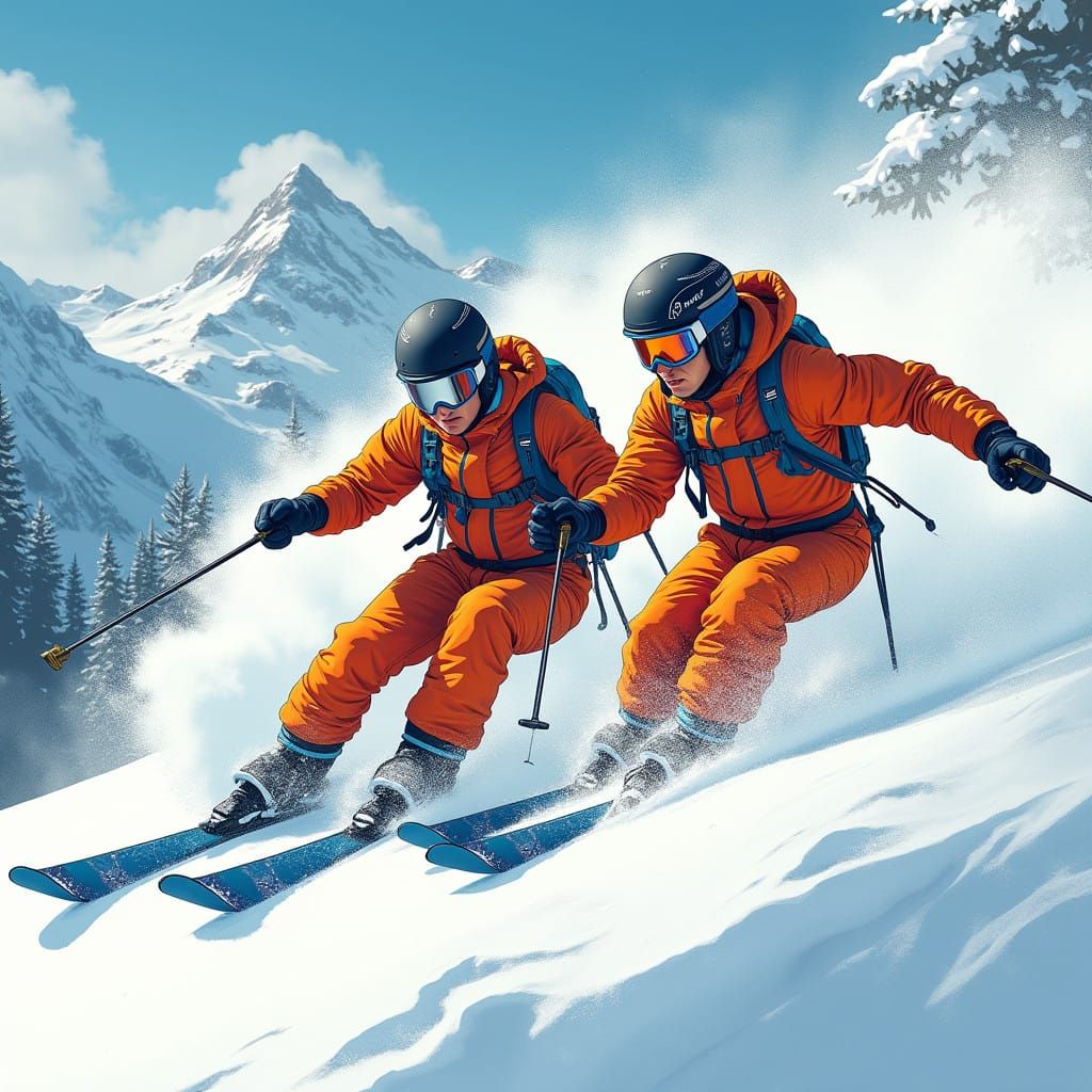 Men Fencing Downhill on Snowy Alpine Slope in Dynamic Comic....