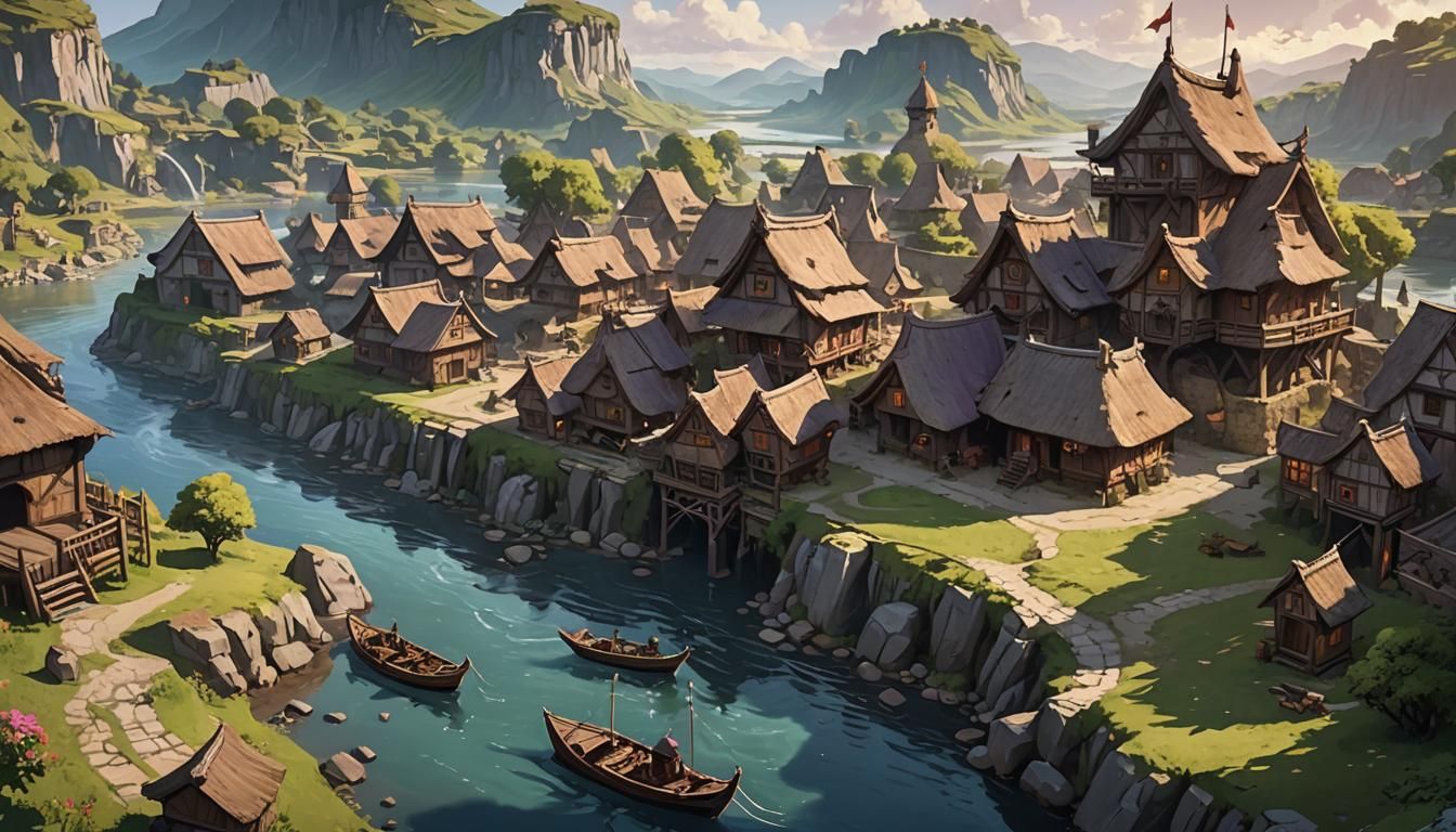 Riverside Village in D&D Art Style