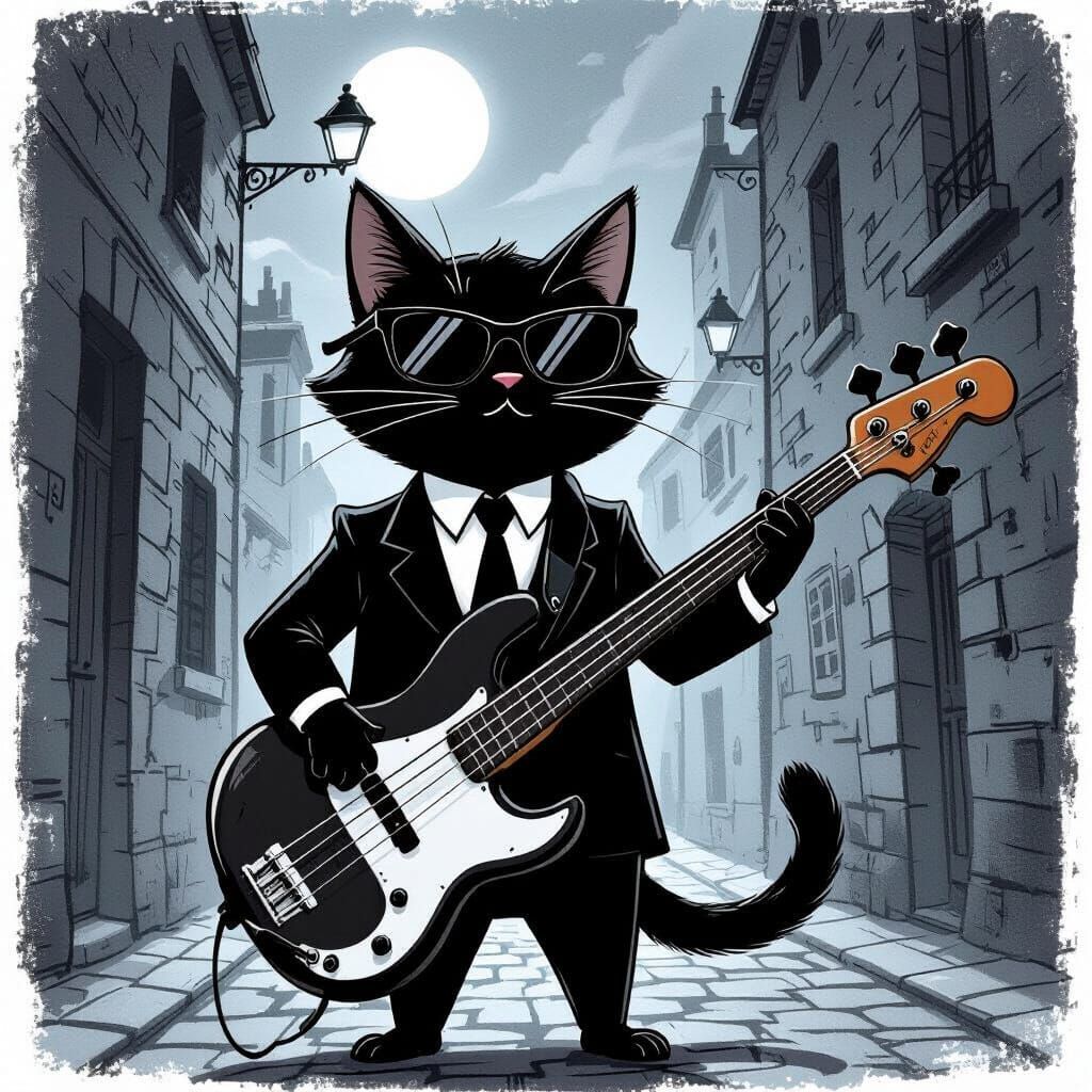 Mod Cat Plays Bass in Moonlit French Alley