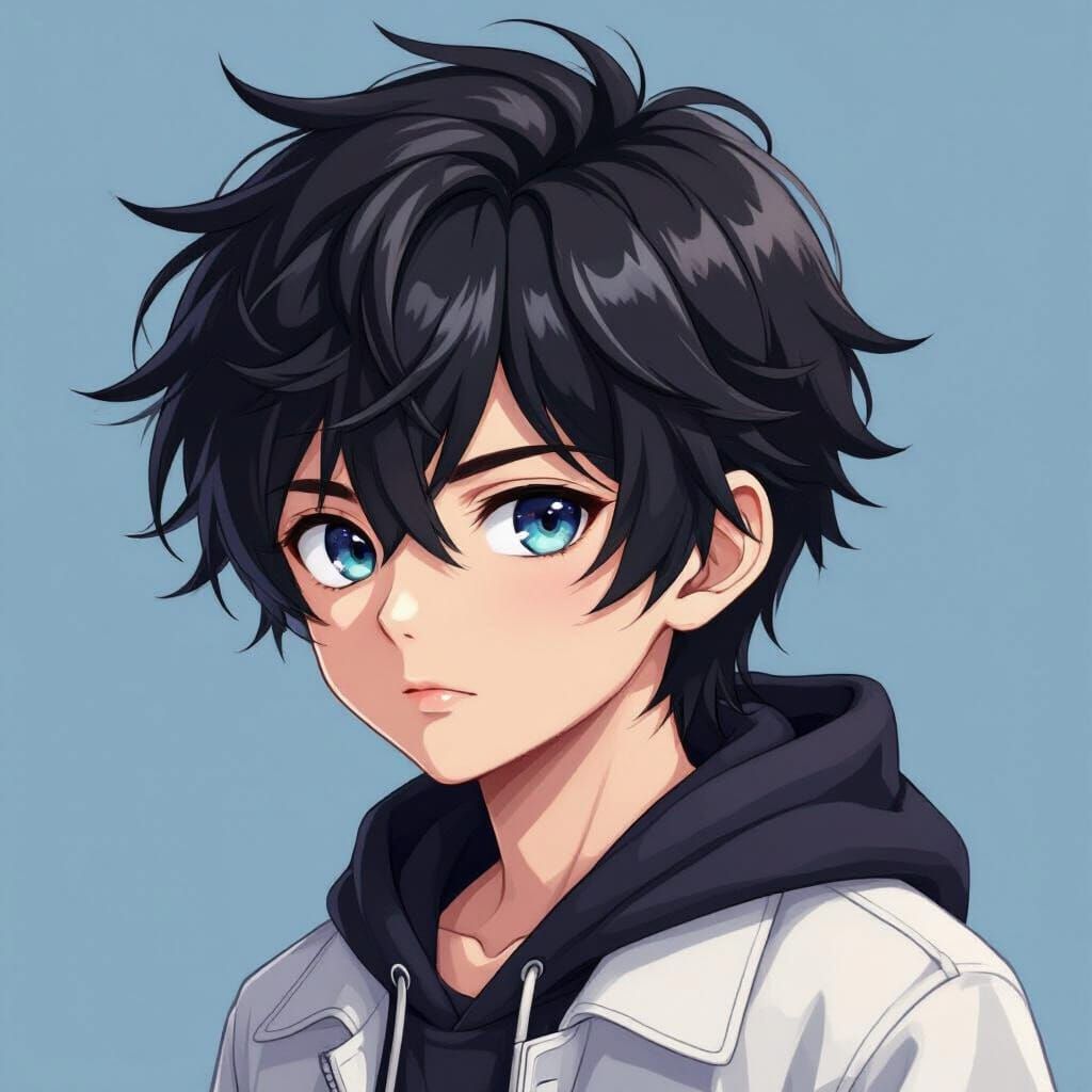 Anime Boy with Jet-Black Hair in Key Visual Style