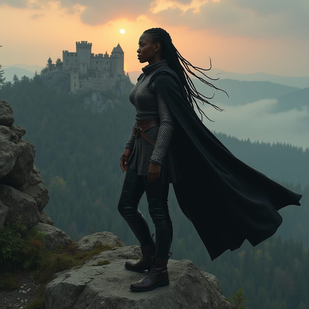 African American Warrior Stands on Rocky Outcropping, Surrou...
