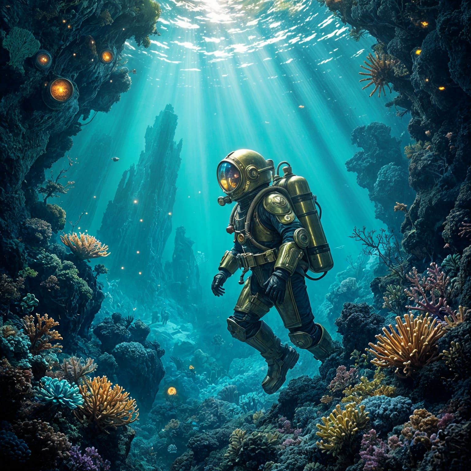 Explorer in Bioluminescent Forest on Alien Planet