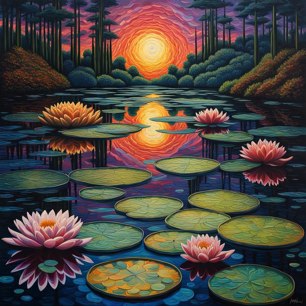Psychedelic Water Lilies: A Contemporary Oil Painting