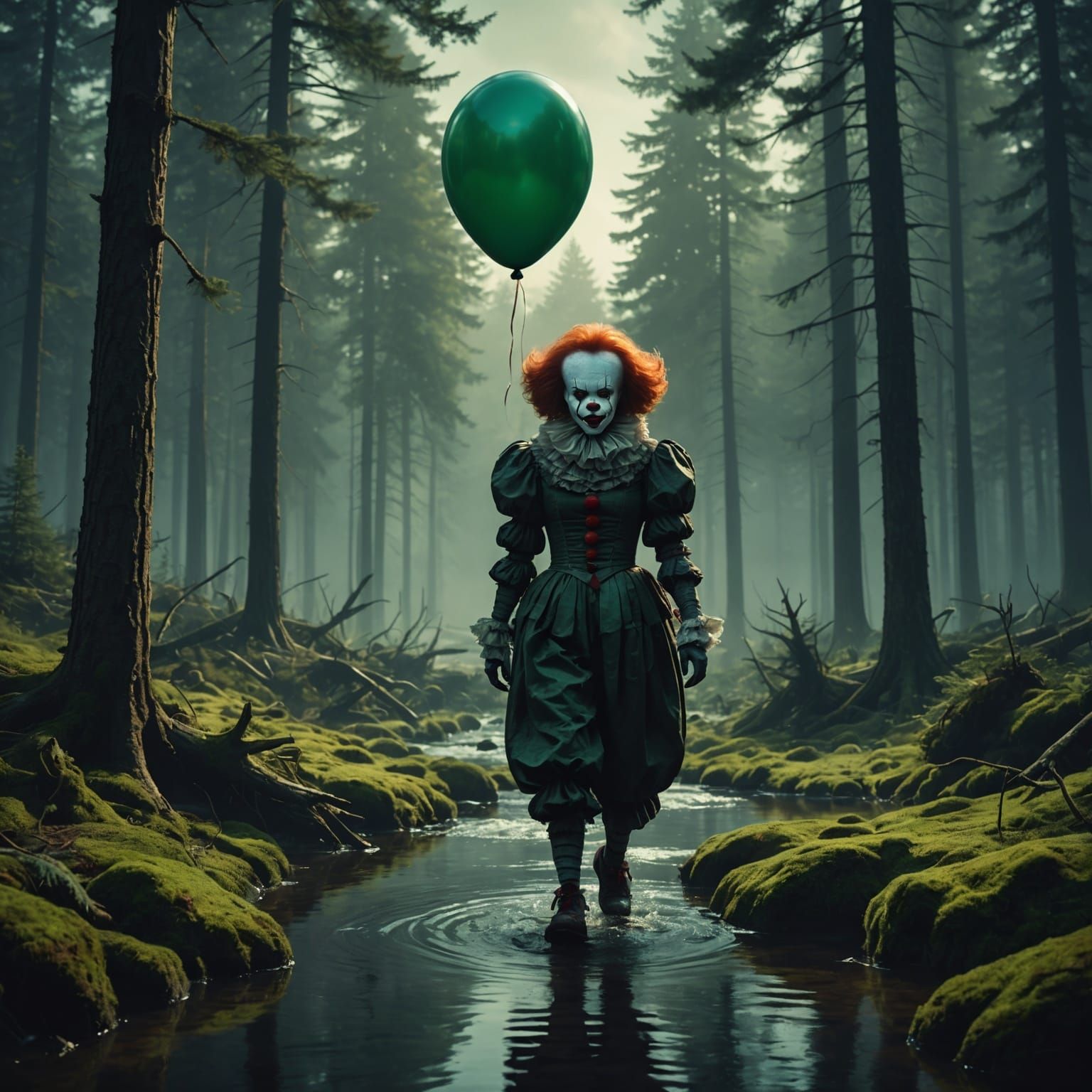 Female Pennywise in Dark Surreal Forest, Digital Art