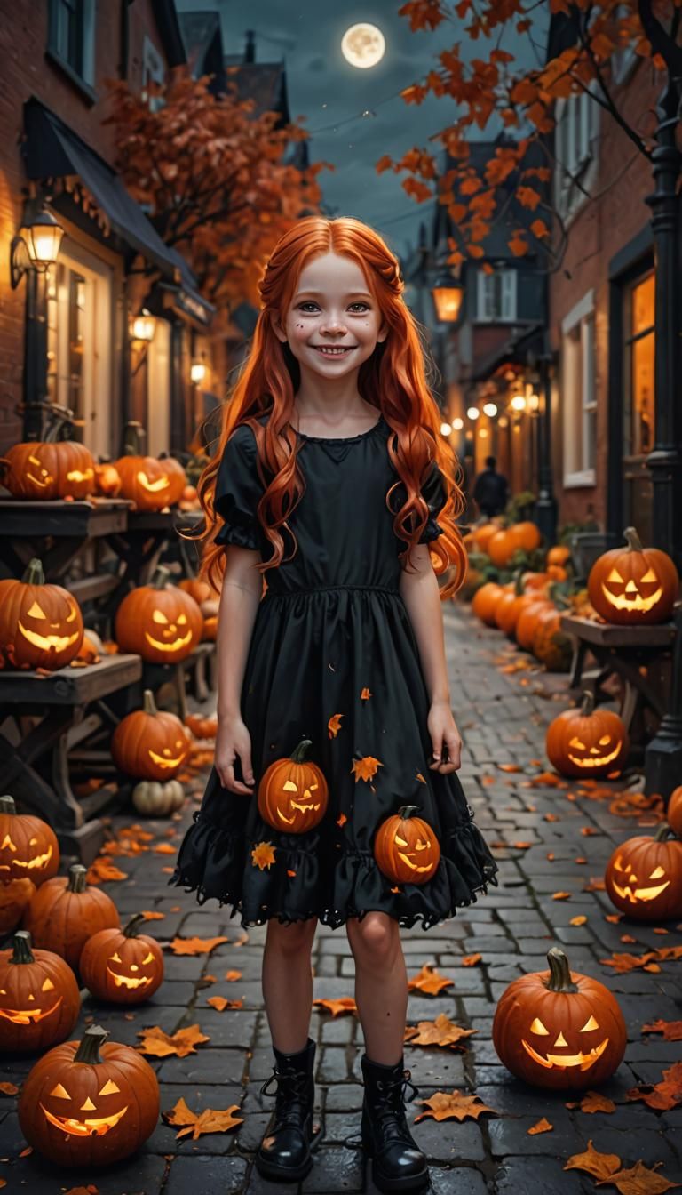 Hyperrealistic Child Model in Autumn Halloween Scene