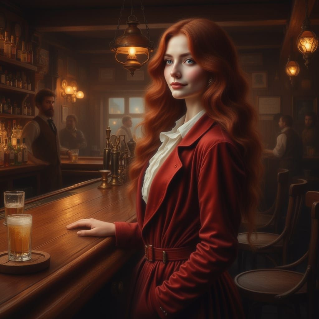Redhead Woman in Victorian Apartment Overlooking Rainy City