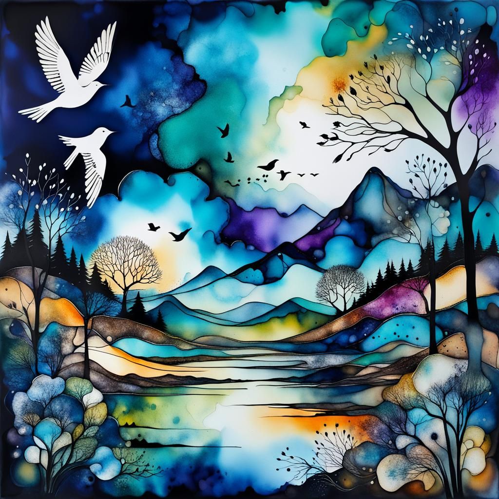 Abstract Alcohol Ink Landscape With Birds
