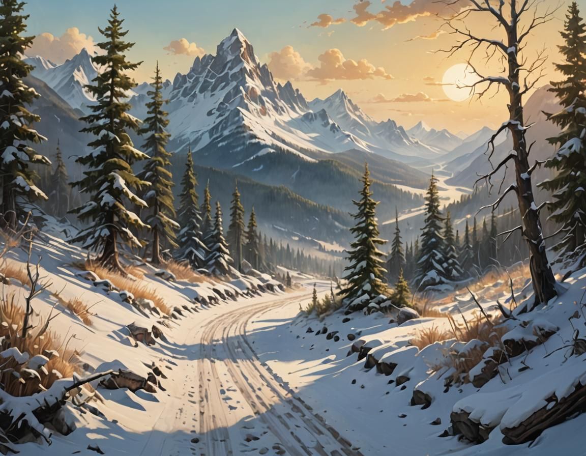 Snowy Forest Path with Jagged Mountains, Oil Painting