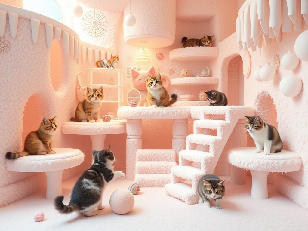 Whimsical Multi-Level Cat Playground in Surreal Style