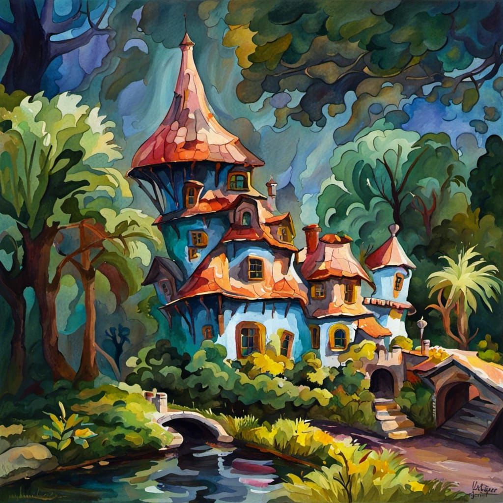Fairy Tale House in Gouache Watercolor Style