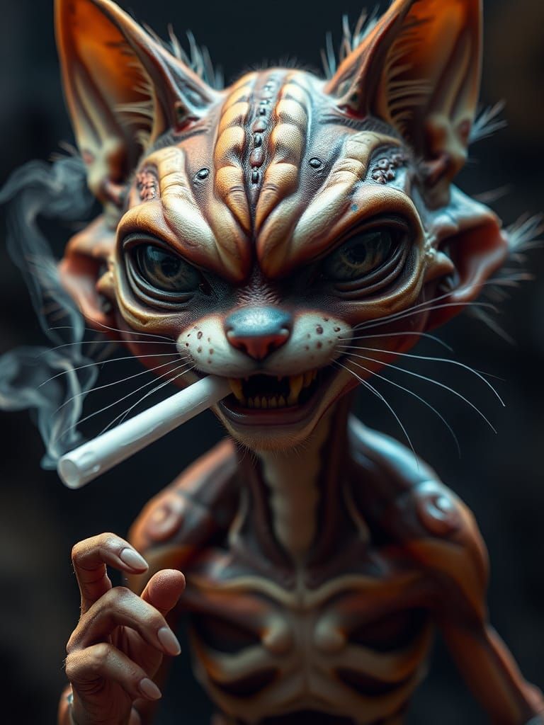 Cat-Like Alien Humanoid Smoking a Blunt