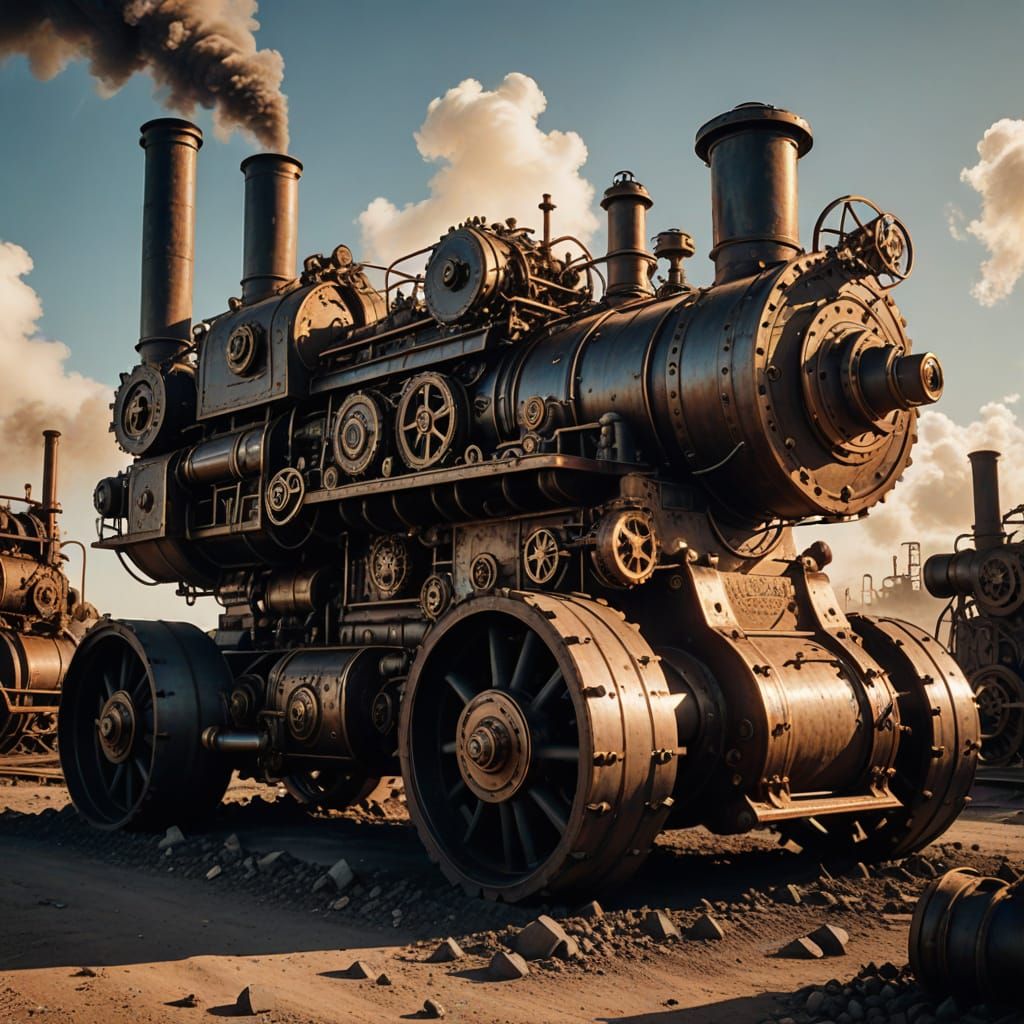 Steampunk Steamroller in Wasteland: Victorian-Era Industrial...