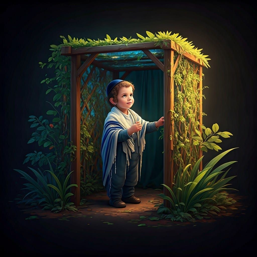 Hasidic Boy Builds Sukkah with Black Outline