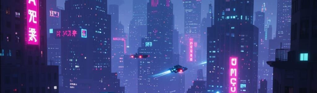 Neon Cityscape with Towering Skyscrapers and Flying Cars