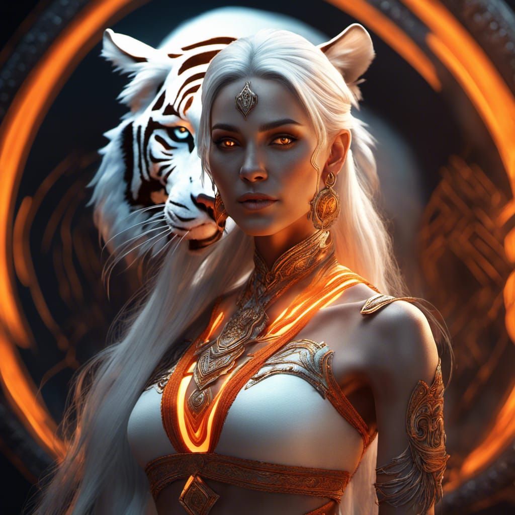 Tigress Djinni with Flowing Hair, in Dark Fantasy Art