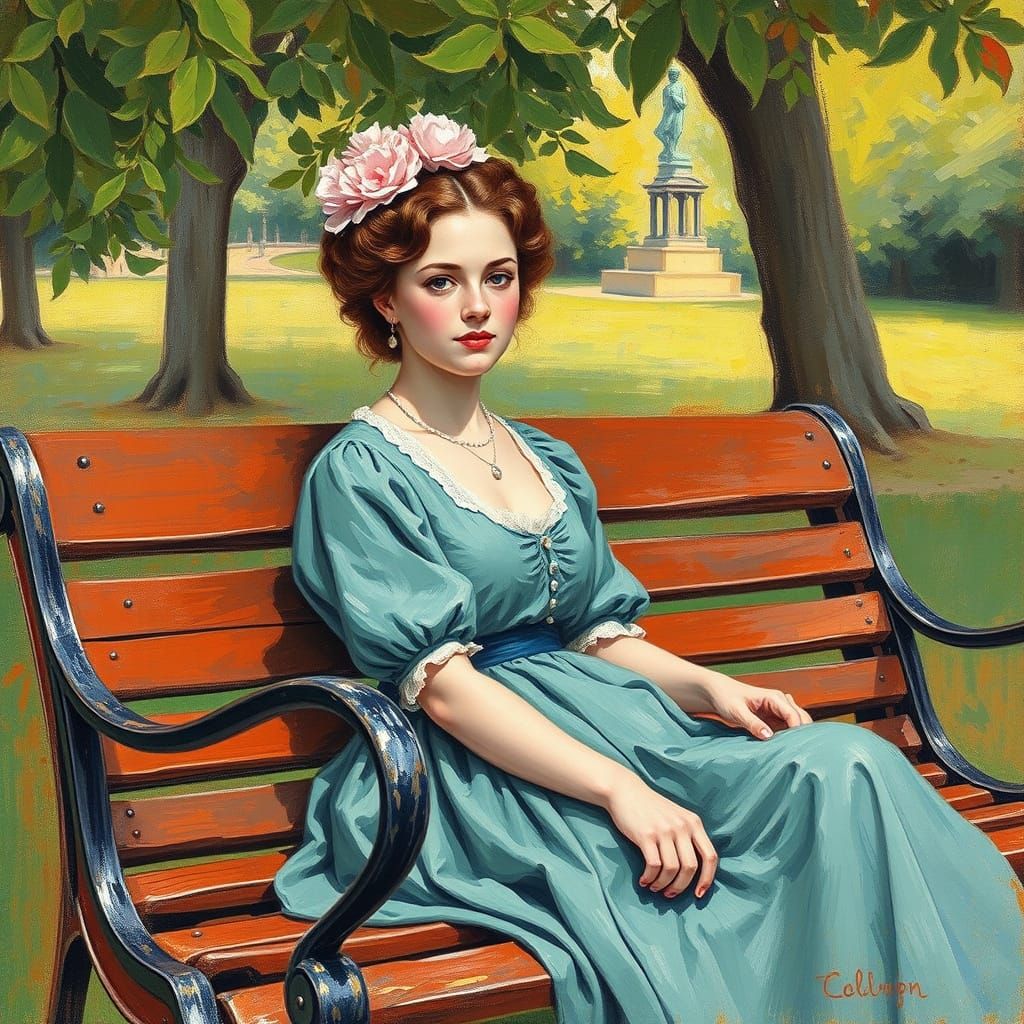 Young Woman in 19th Century Park Scene, Abstract Oil Pastel ...