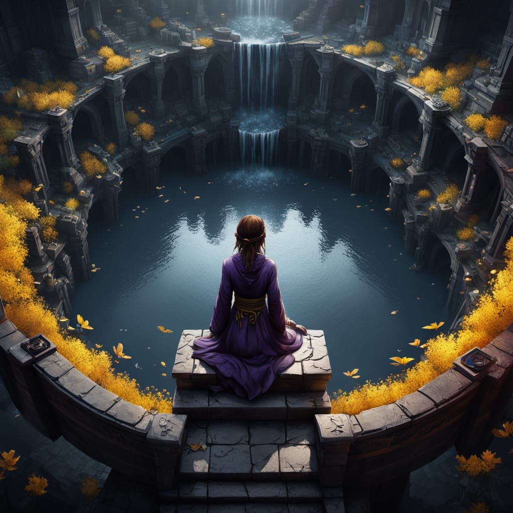 Woman Crying in Abyss, Birdseye Dark Fantasy Art