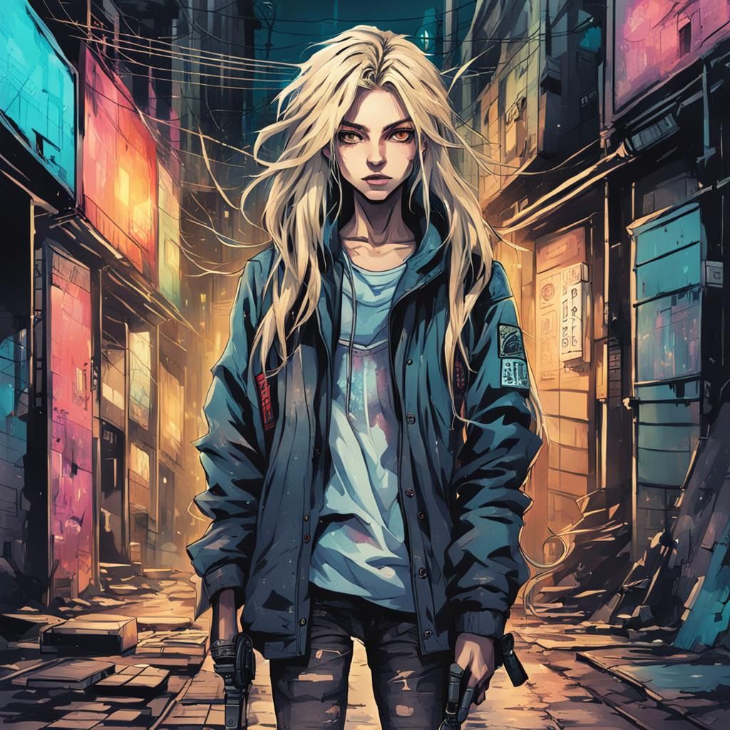 Mysterious Artist Girl in Cyberpunk Manga Style