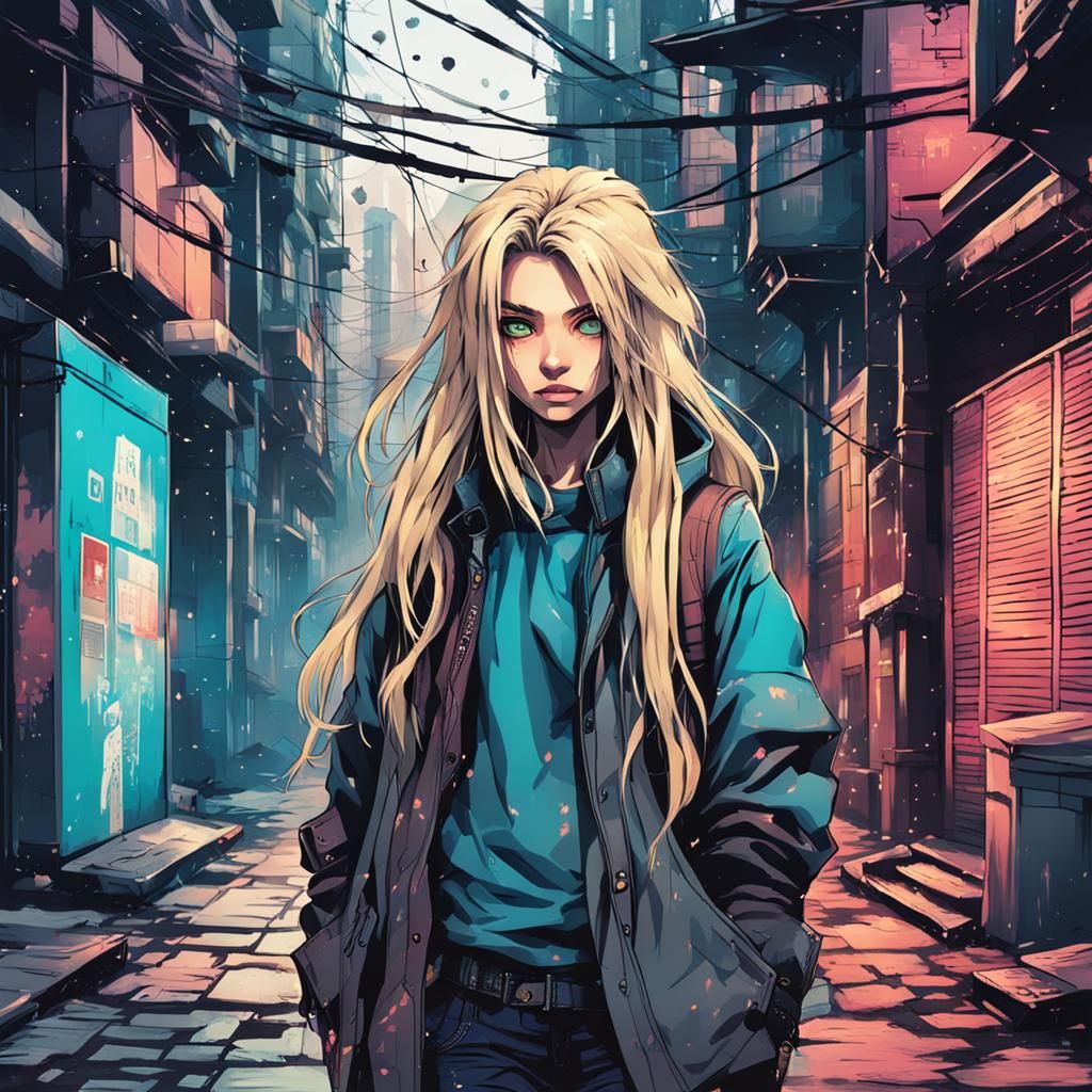 Mysterious Blonde Girl in Cyberpunk Manga Style