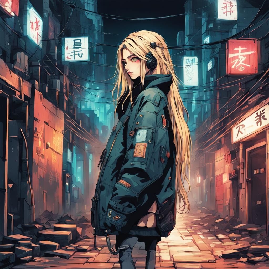 Mysterious Artist Girl in Cyberpunk Manga Style