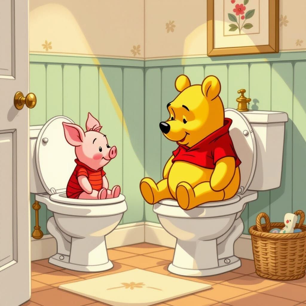 Piglet Finds Pooh in a Toilet, Storybook Illustration