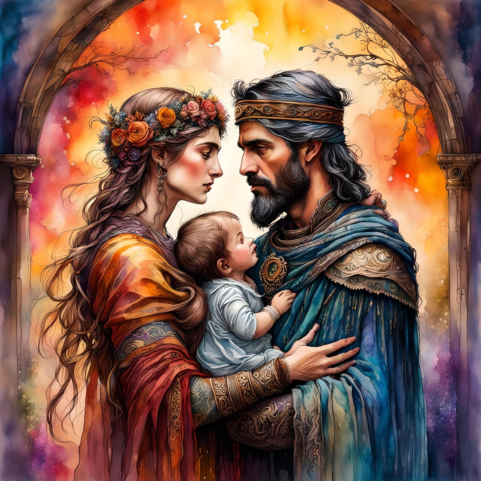 Proud Parents and New Baby in Watercolor Style