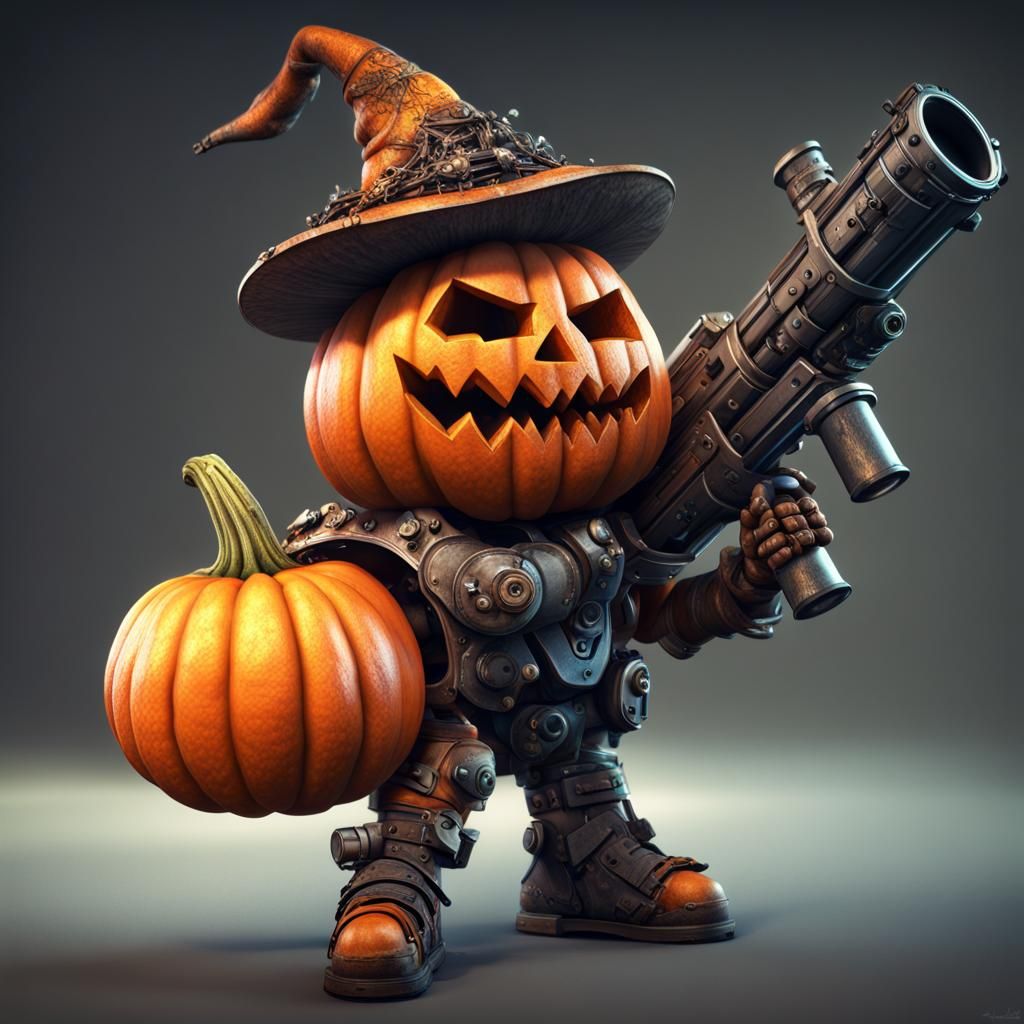 Alive Pumpkin with Bazooka: 4K Realistic Render