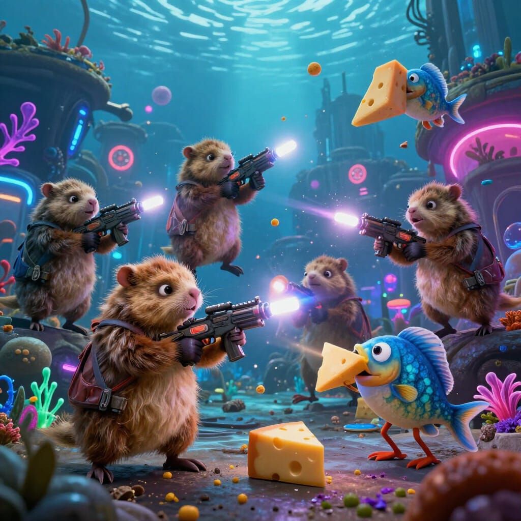 Wombats Battle Cheese-Wielding Fish in Neon City