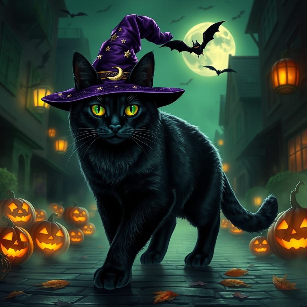Magical Black Cat in Halloween Town Digital Art