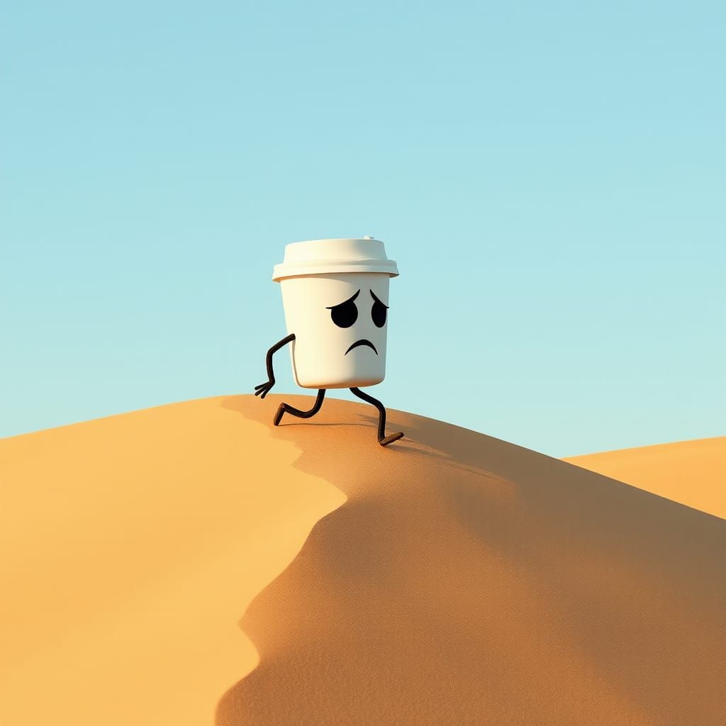 Sad Coffee Cup Walks Desert Dune